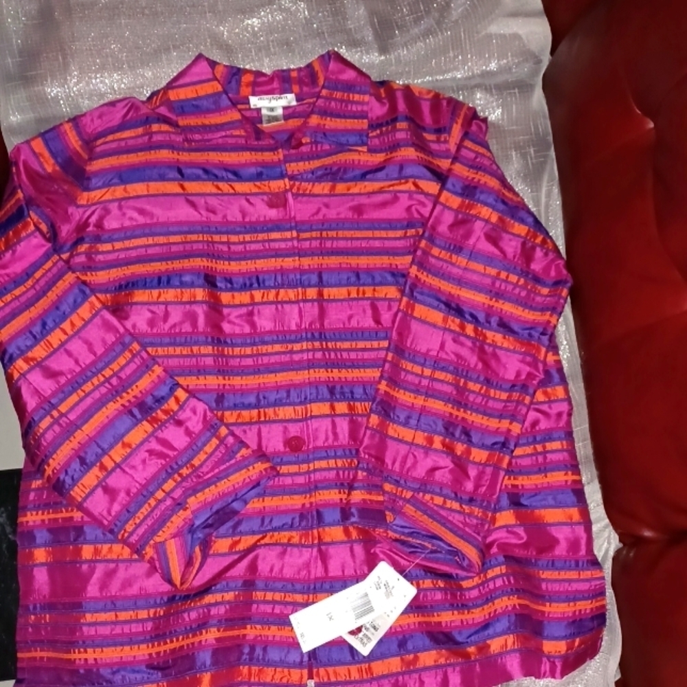 Easy Spirit Silk jacket, 1X, multicolor striped, button down, long sleeve